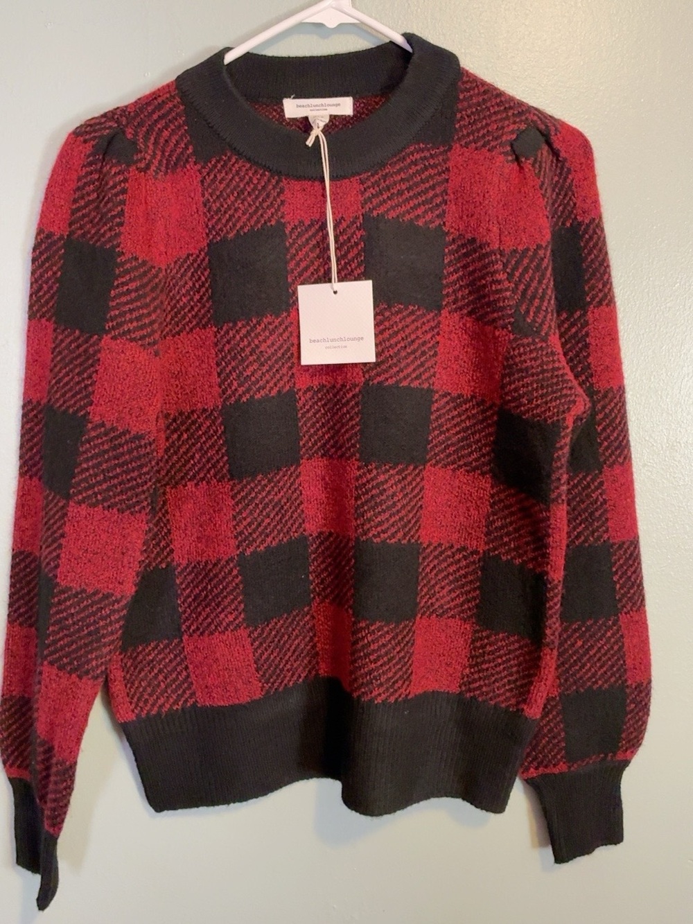 beachlunchlounge Red and Black Buffalo Check Crewneck Sweater